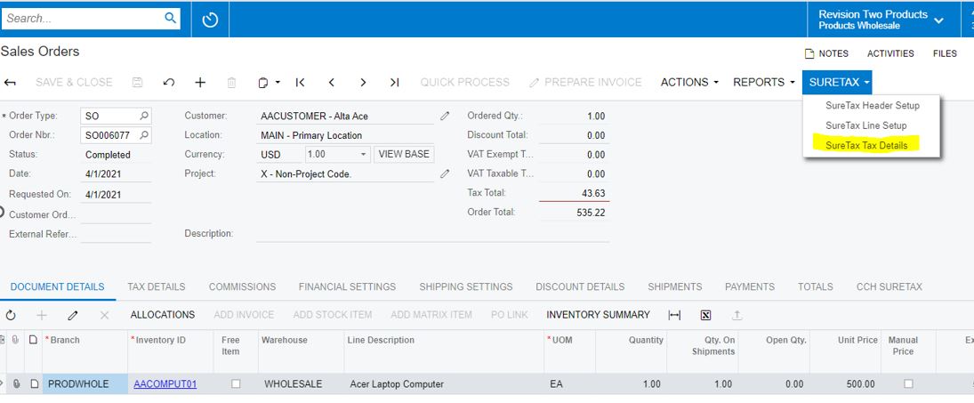 CCH SureTax For Acumatica User Guide API Documentation